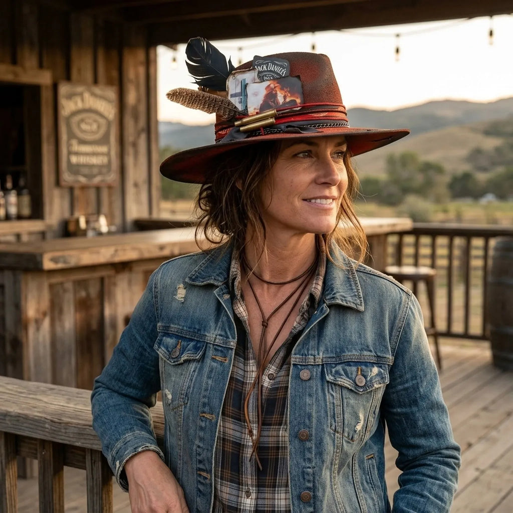 Rust Western Hat with Vintage Patch Details and Bullet Accents