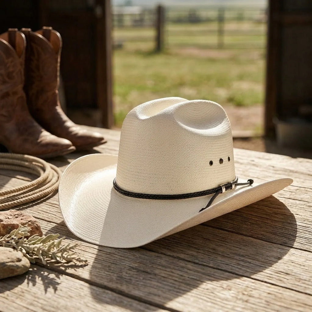 Unisex White Straw Cowboy Hat with Braided Band and Knot Detail