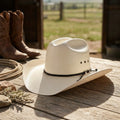 Unisex White Straw Cowboy Hat with Braided Band and Knot Detail