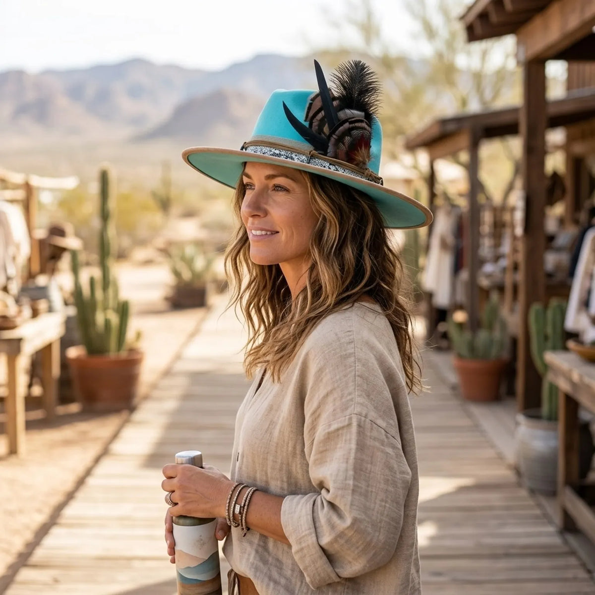 Turquoise Felt Western Hat with Feather Accent and Snake Band