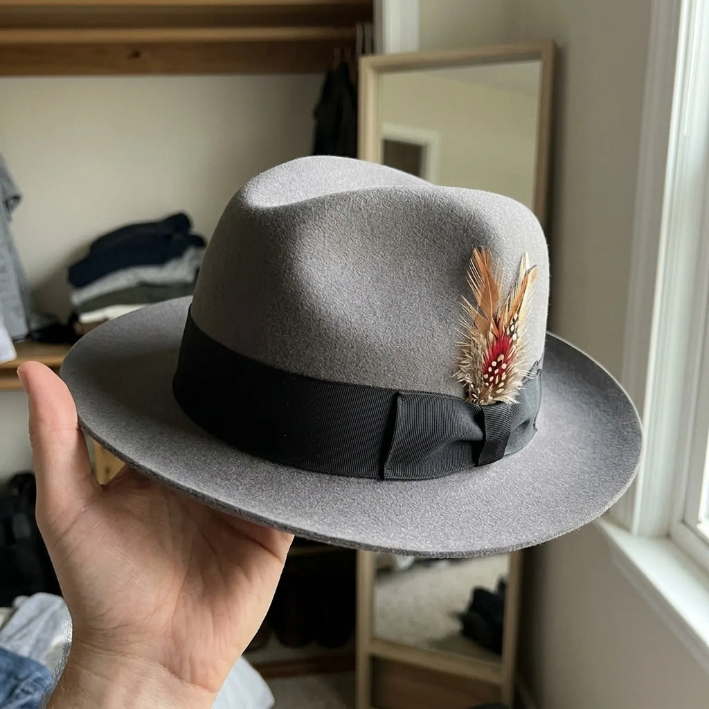 Gray Fedora With Black Band and Plumed Feather Detail