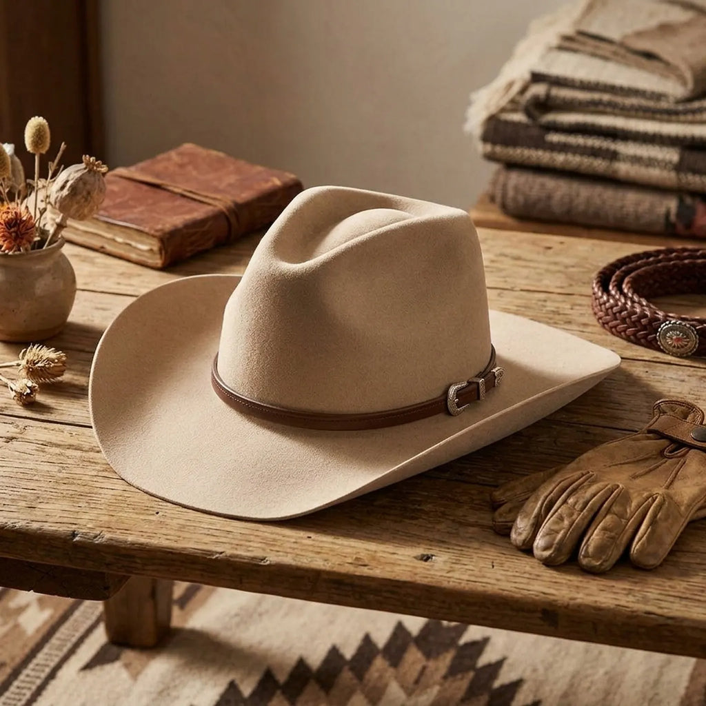 Cream Wool Felt Cowboy Hat with Brown Leather Concho Band