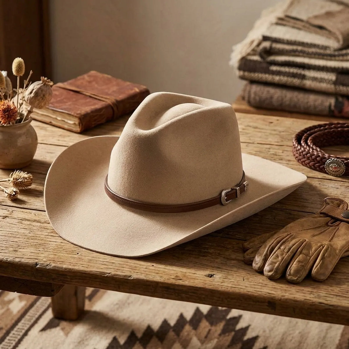 Cream Wool Felt Cowboy Hat with Brown Leather Concho Band