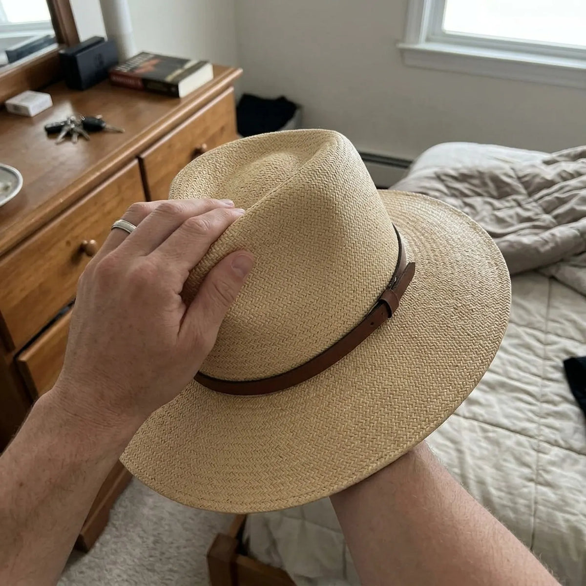 Cream Flat Top Straw Hat with Cord Band and Side Tassel