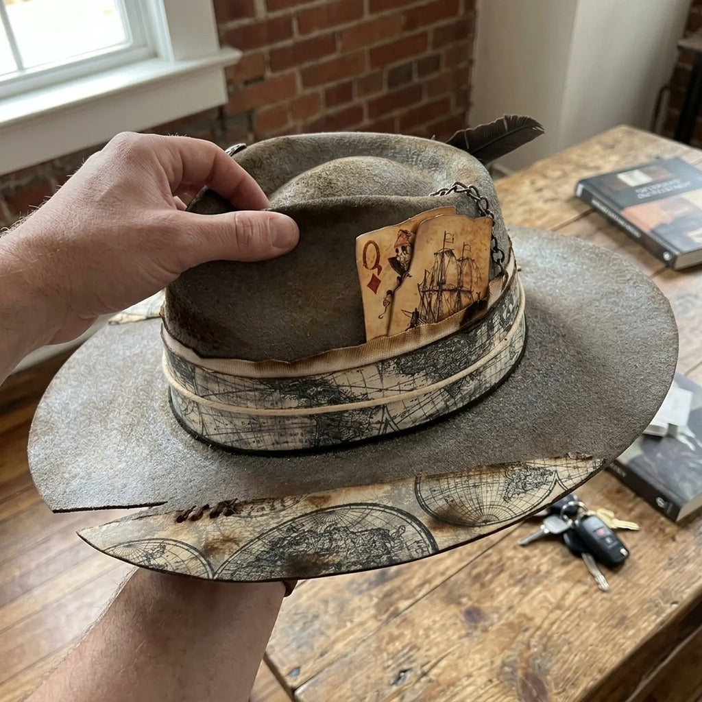 Gray Explorer Fedora Map Band Vintage Cards Chain Traveler Hat