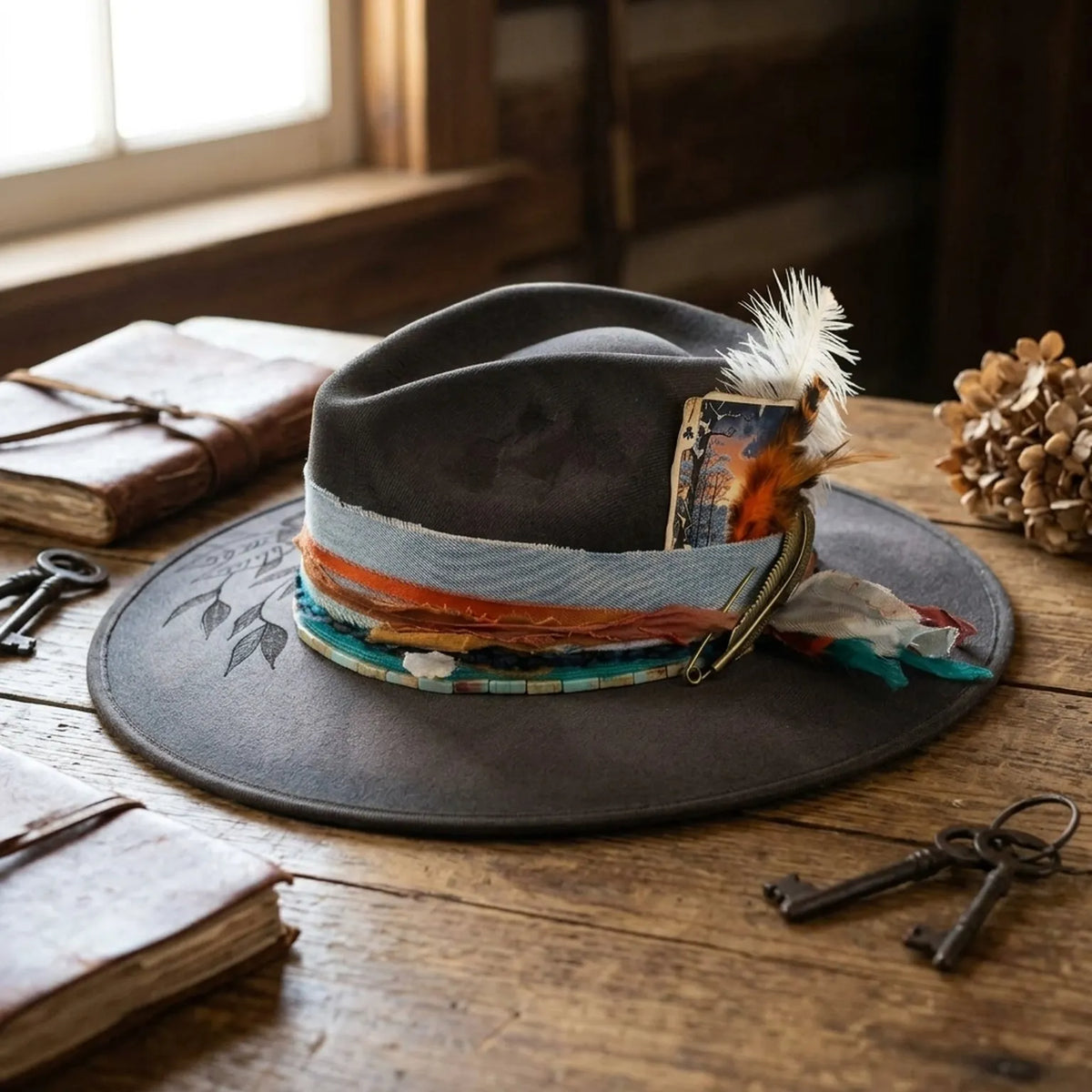 Brown Fedora Hat with Denim Wrap Band and Mixed Feathers