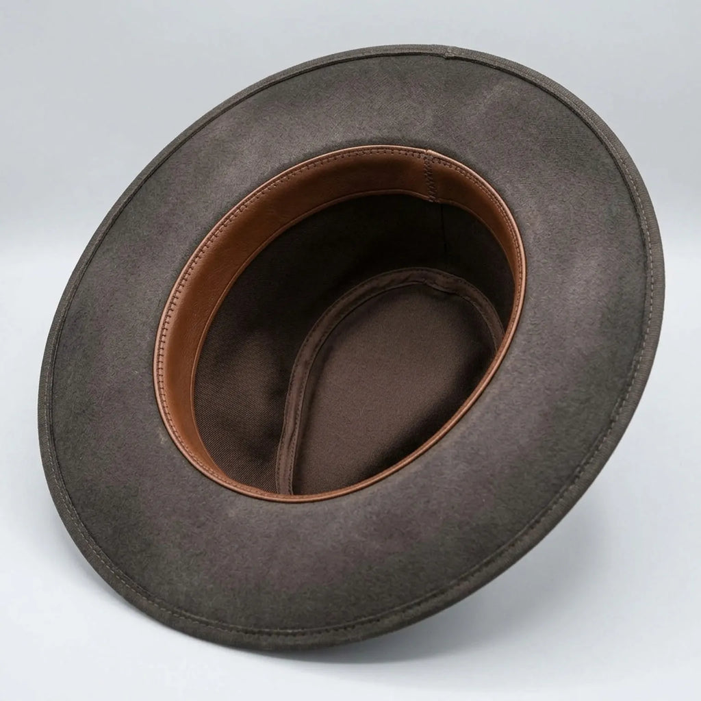Brown Fedora Hat with Denim Wrap Band and Mixed Feathers