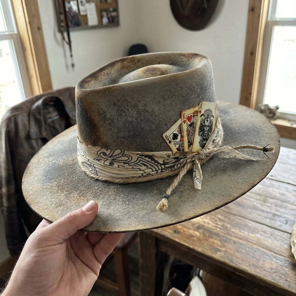 Gray Distressed Cowboy Hat with Playing Cards and Bandana Wrap