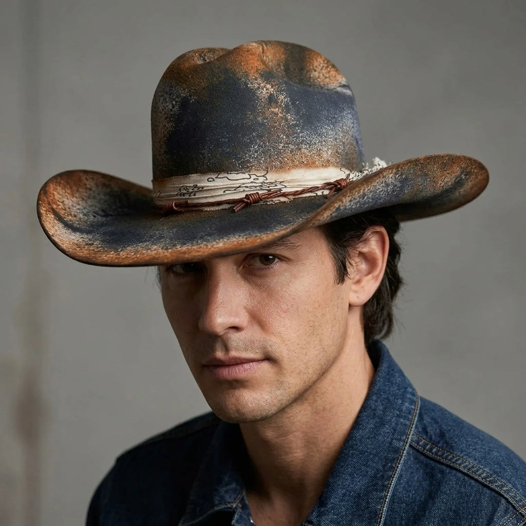 Distressed Rust Black Felt Western Hat with Bandana Wrap