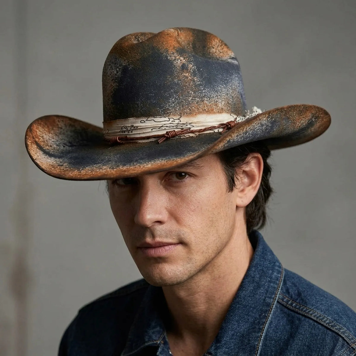 Distressed Rust Black Felt Western Hat with Bandana Wrap