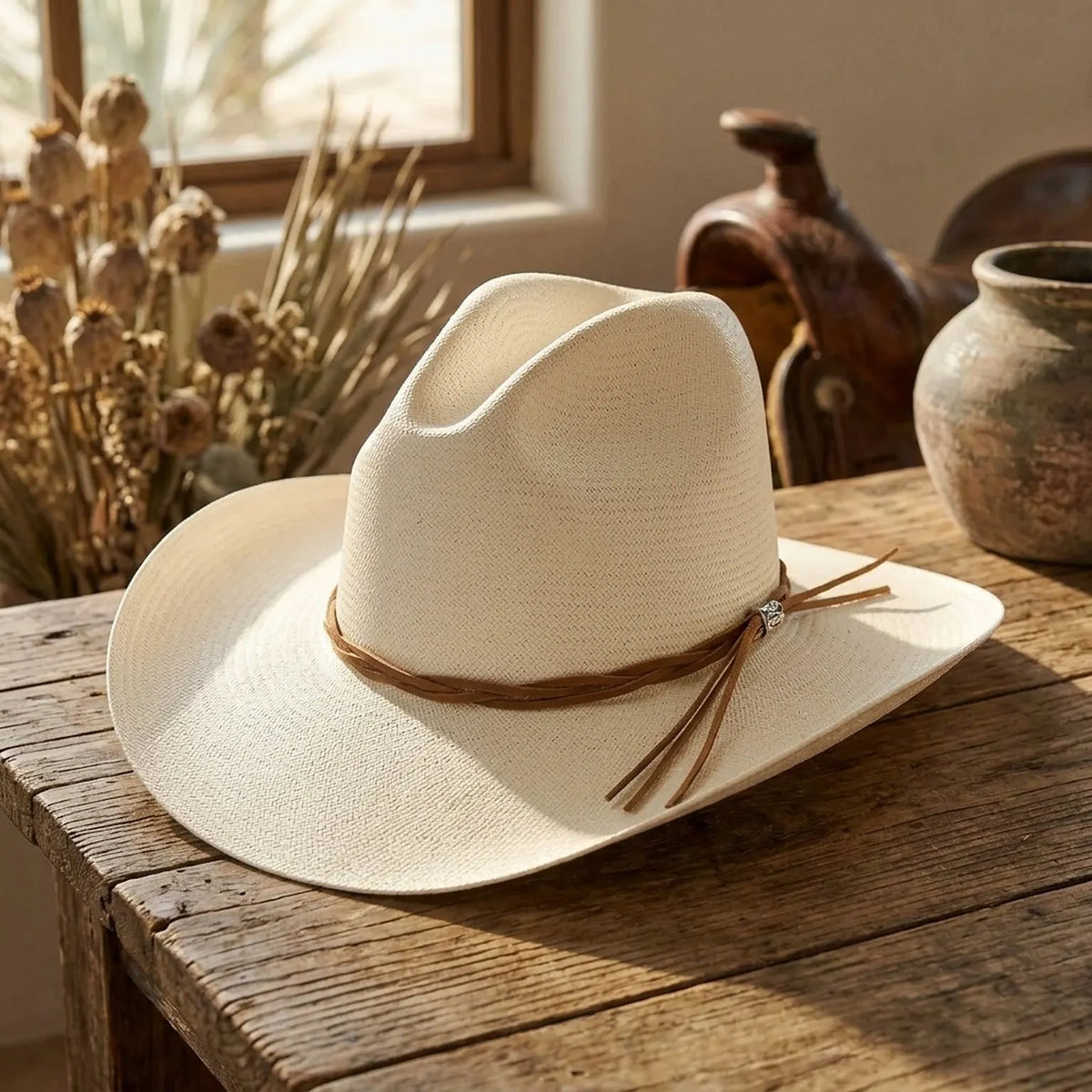 Unisex White Straw Cowboy Hat with Braided Leather Tassel Band