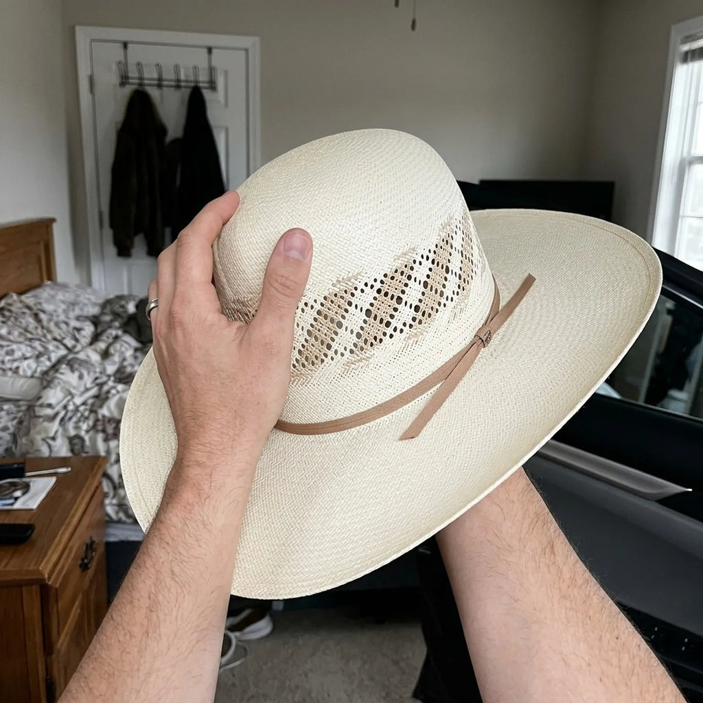 Cream Straw Sun Hat with Vented Diamond Crown and Leather Band
