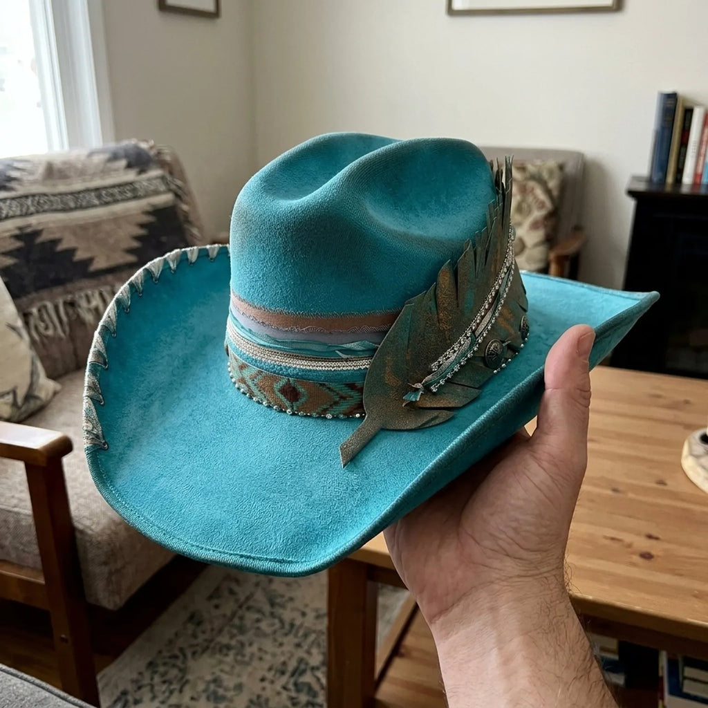 Turquoise Felt Western Hat with Leather Leaf and Aztec Band