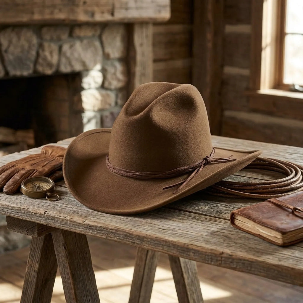 Brown Felt Cowboy Hat with Leather Cord Band and Chin Tie