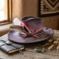 Mauve Felt Fedora Hat with Pink Feather and Chain Detail
