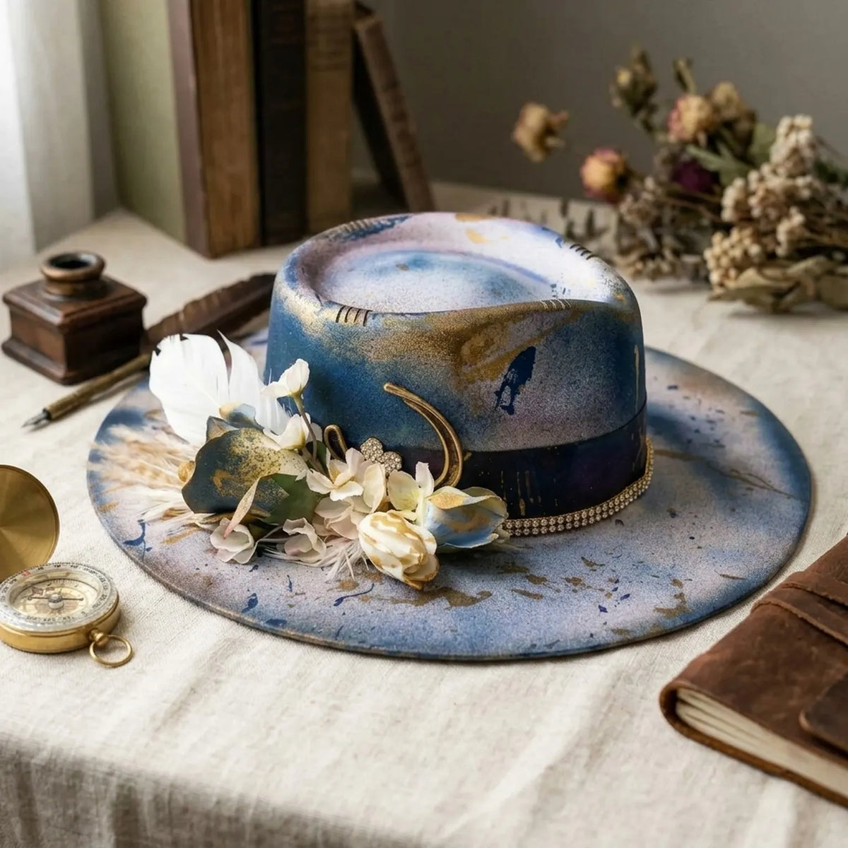 Boho Tie-Dye Fedora with Floral Accent and Rhinestone Band