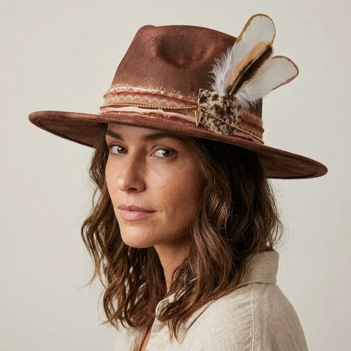 Rust Brown Fedora Lace Band Chain Feathers Leopard Accent Boho Hat