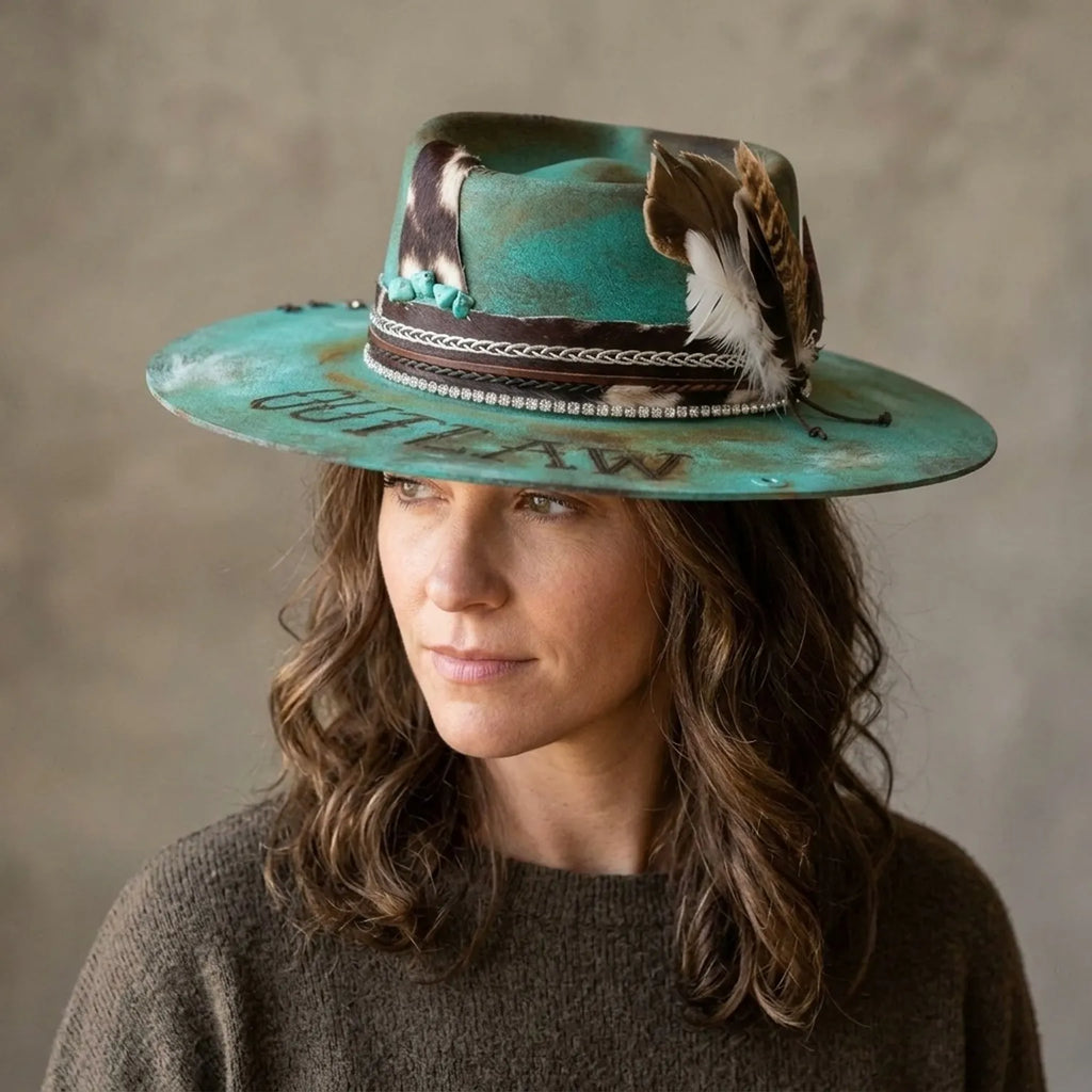 Turquoise Felt Fedora Hat with Feather and Crystal Band