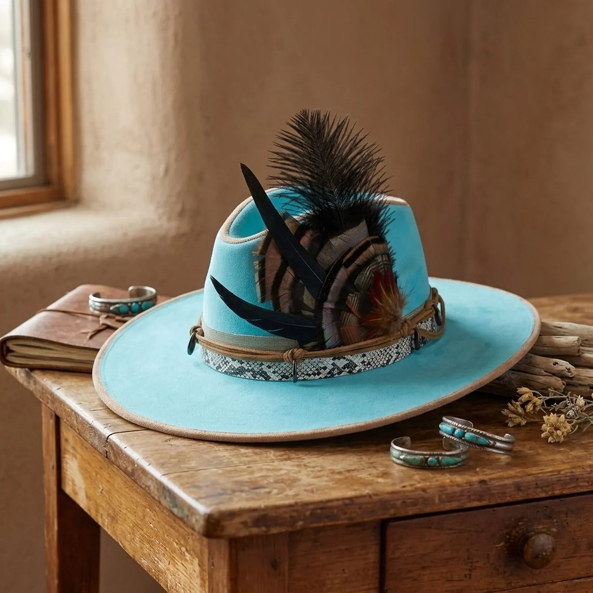 Turquoise Felt Western Hat with Feather Accent and Snake Band