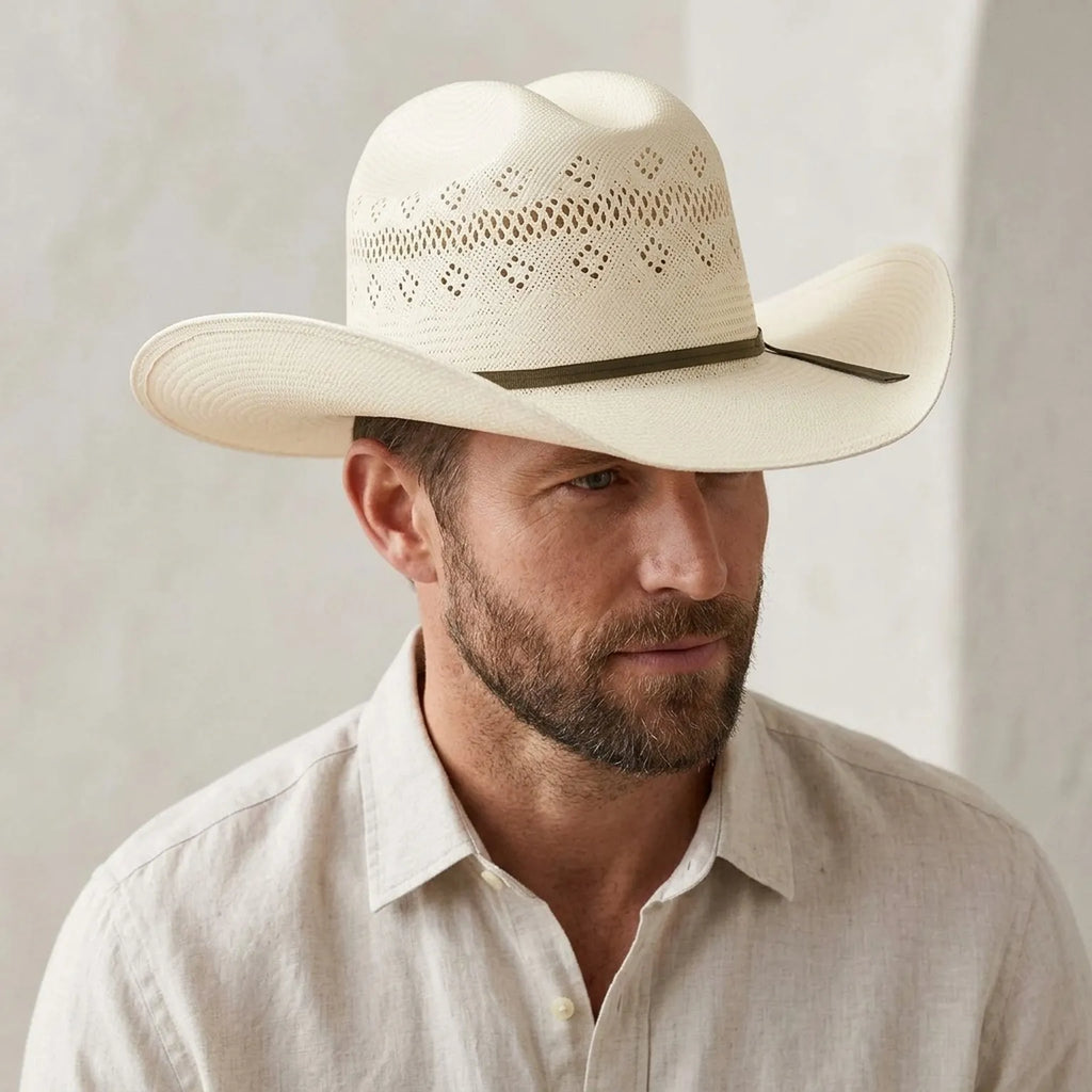 Cream Open-Weave Straw Western Hat with Brown Ribbon Band