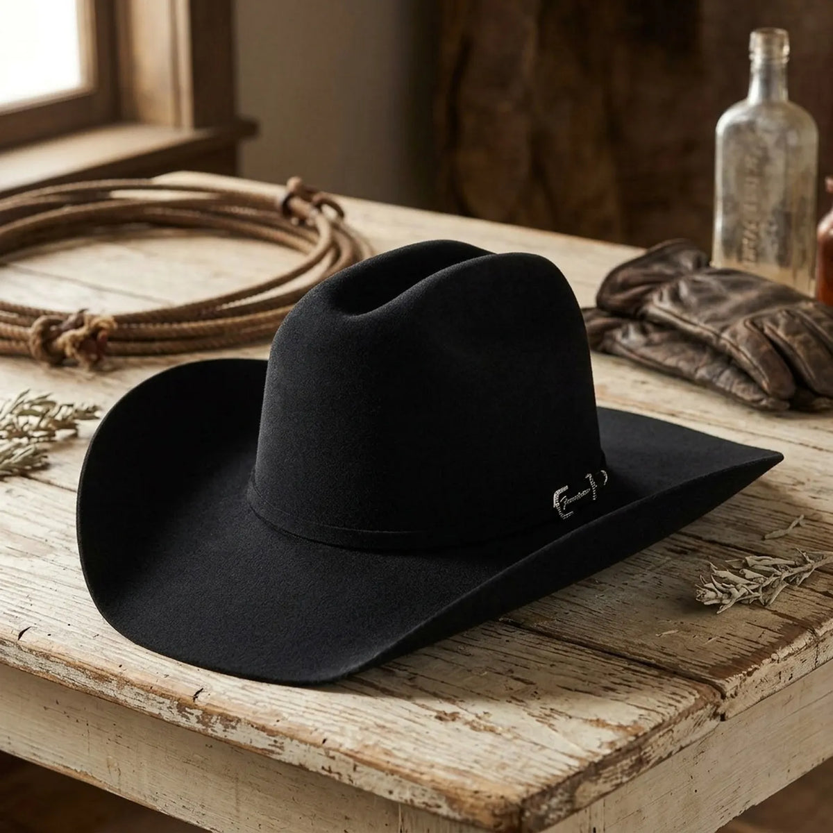 Black Felt Cowboy Hat With Simple Crown and Band