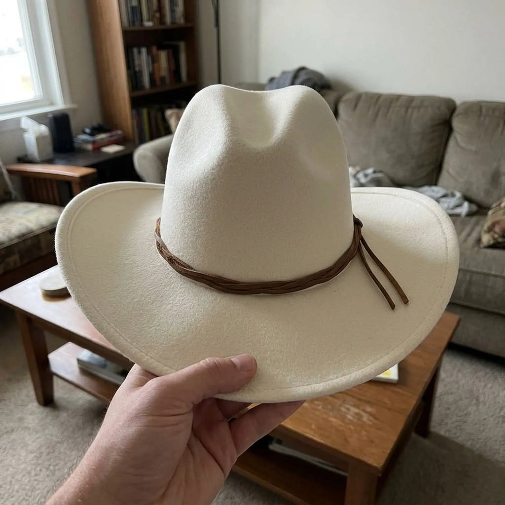 Unisex White Wool Felt Western Hat with Tassel Band