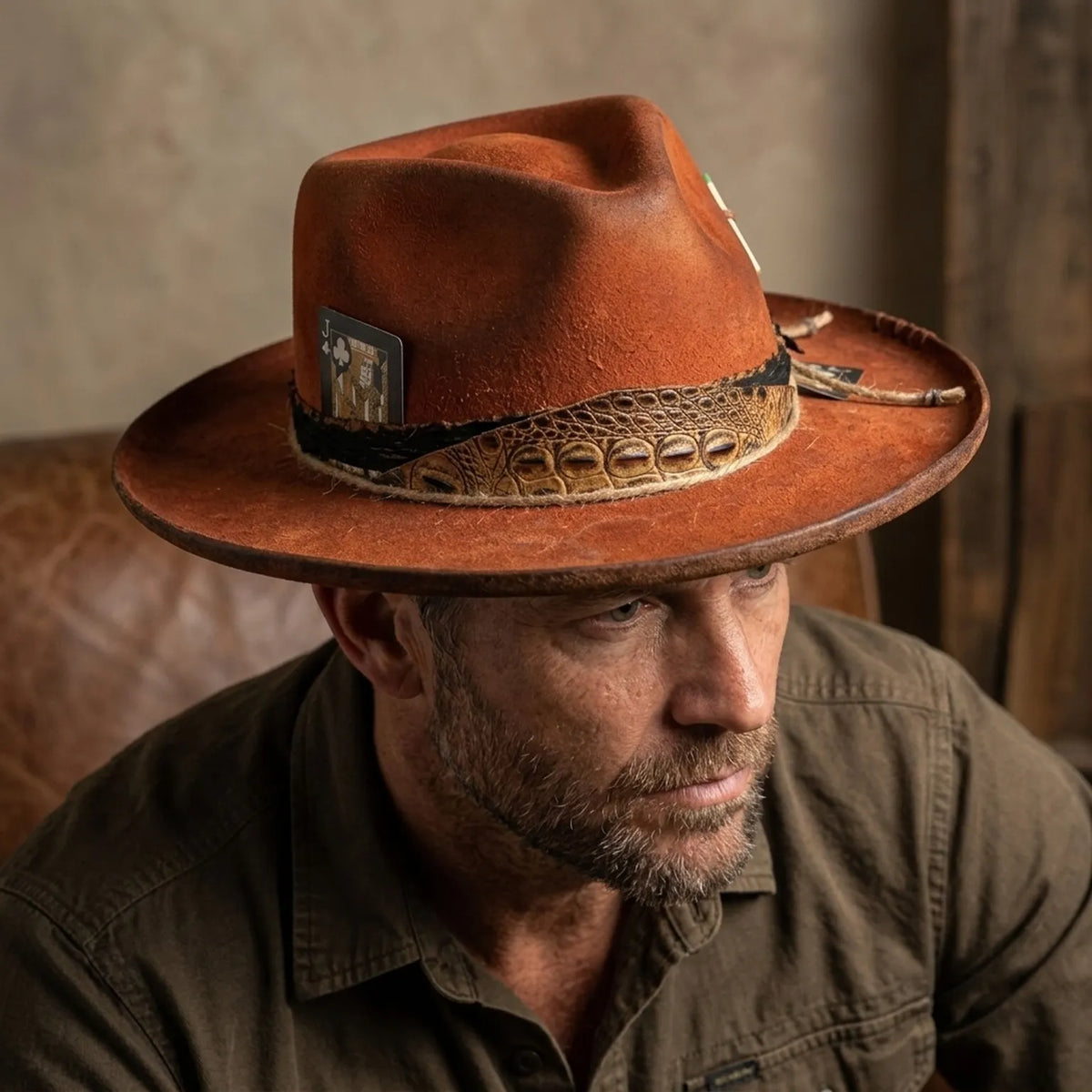 Burnt Orange Felt Fedora Tooled Leather Band Playing Cards