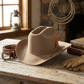 Beige Wool Felt Cowboy Hat with Ribbon Band and Feather Accent