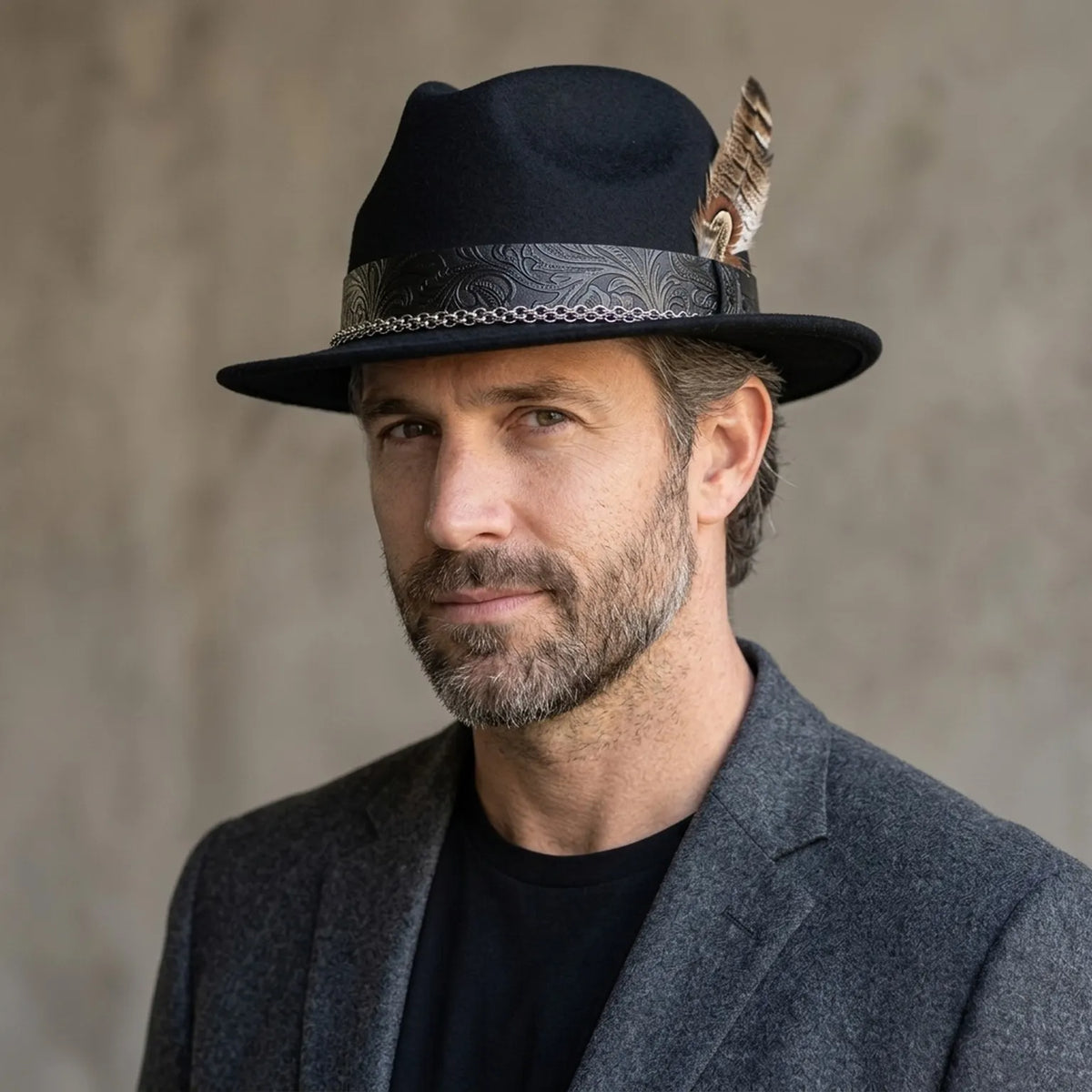 Black Fedora with Embossed Leather Band, Chain and Cigar Accent