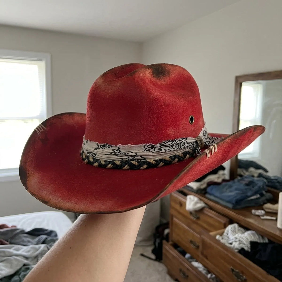 Vintage Red Western Hat with Paisley Band and Braided Trim
