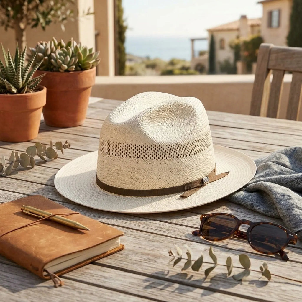 Ivory Open-Crown Straw Fedora with Grosgrain Ribbon Tie