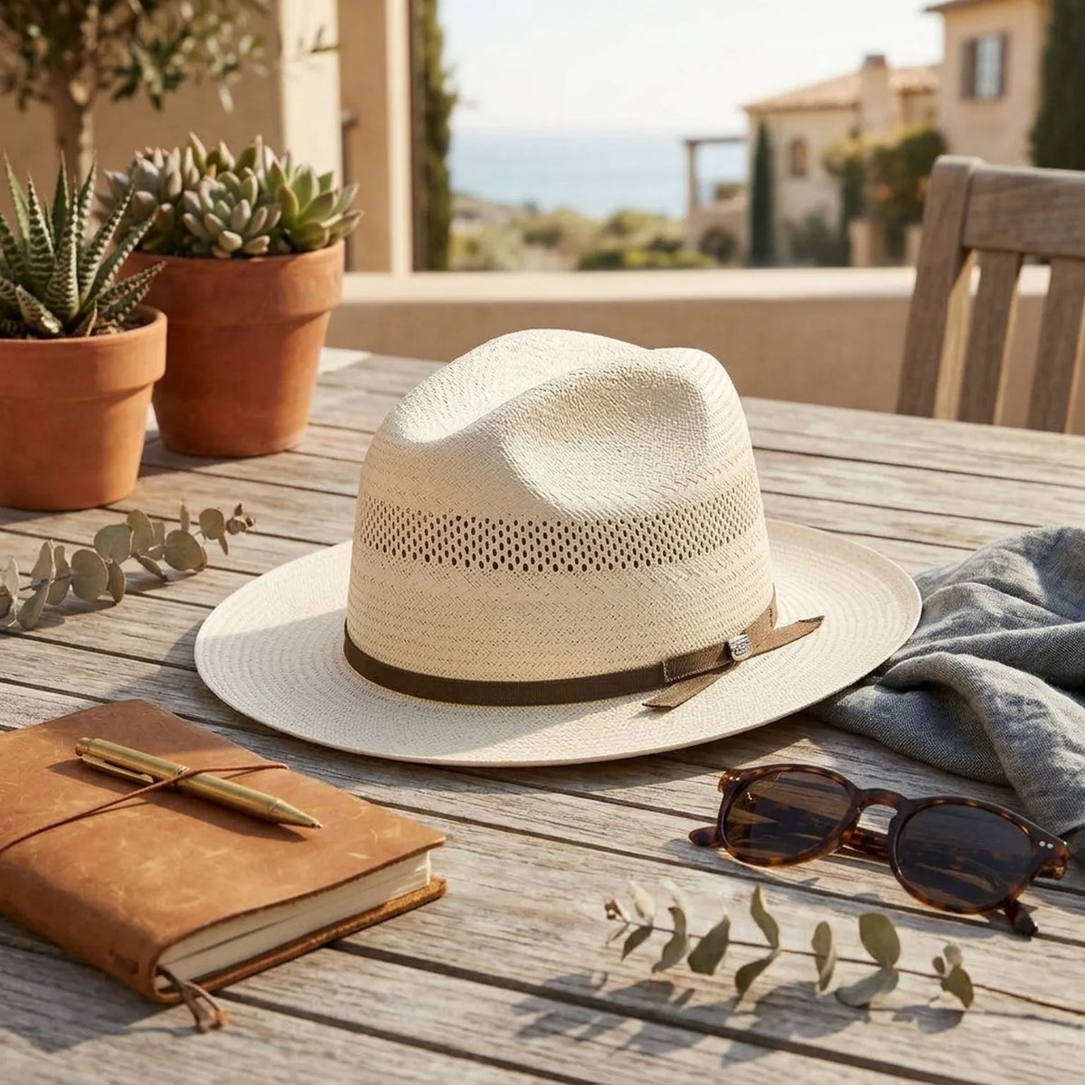 Ivory Open-Crown Straw Fedora with Grosgrain Ribbon Tie