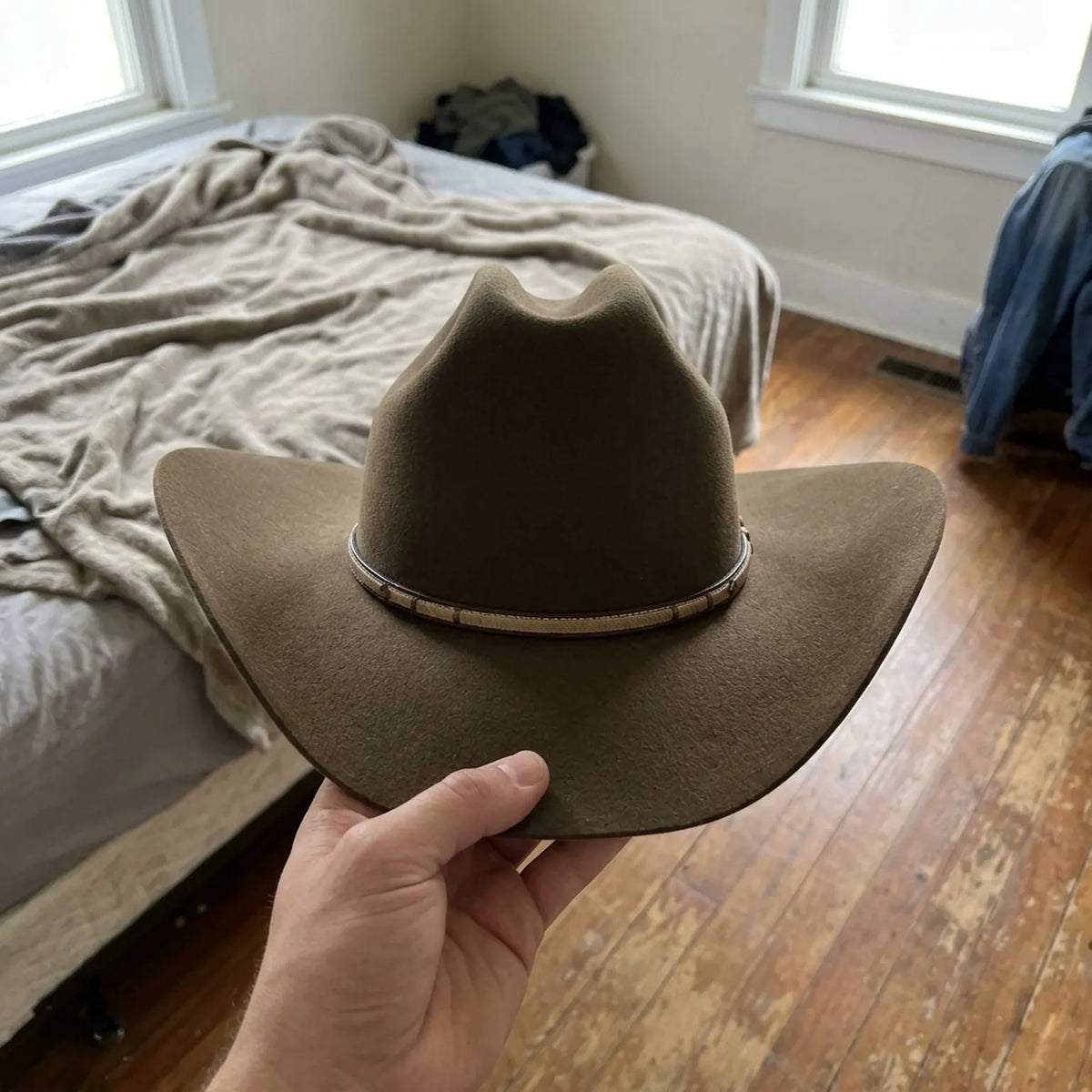 Olive Brown Wool Felt Cowboy Hat with Two-Tone Leather Band