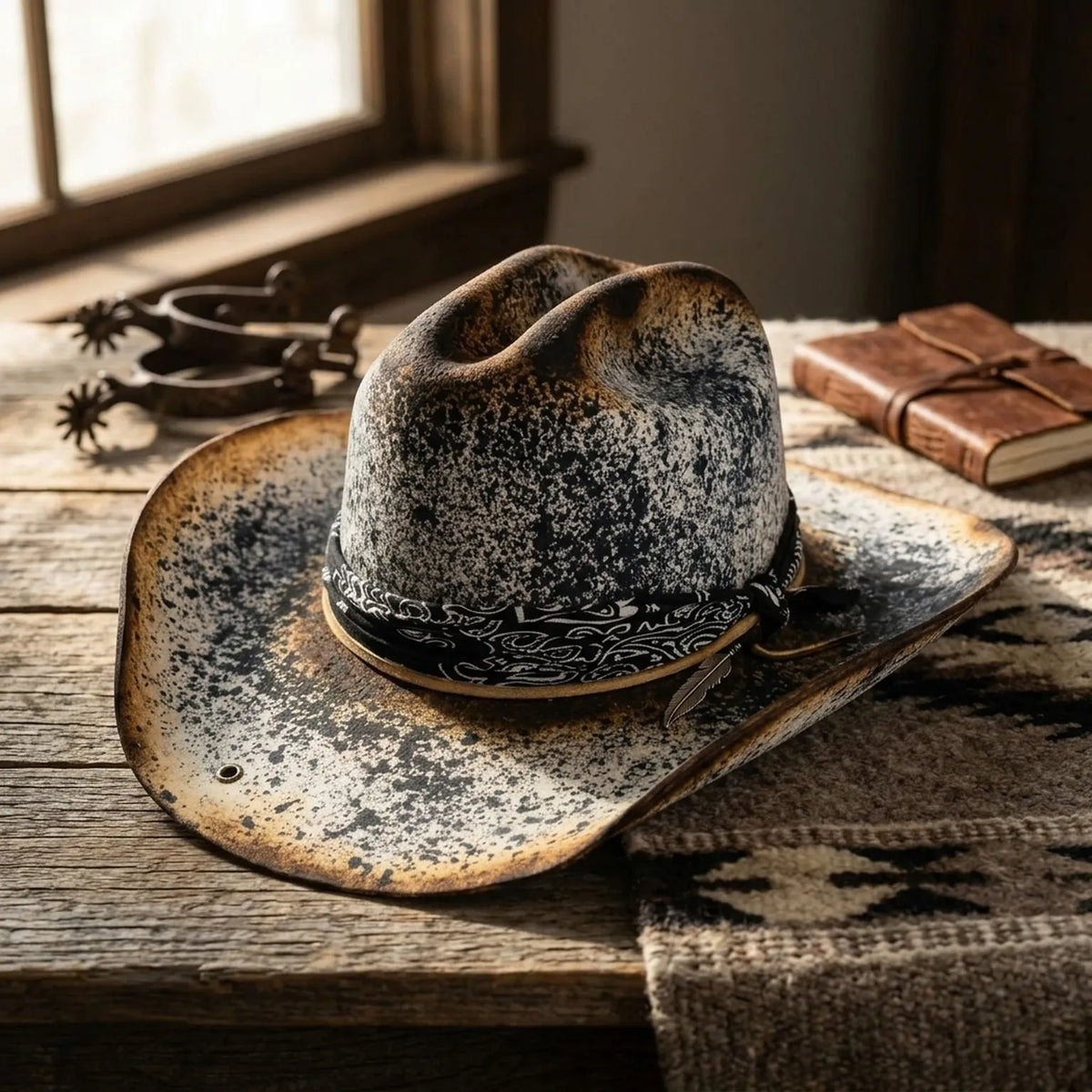 Speckled Black Cowboy Hat with Bandana Band and Feather Charm