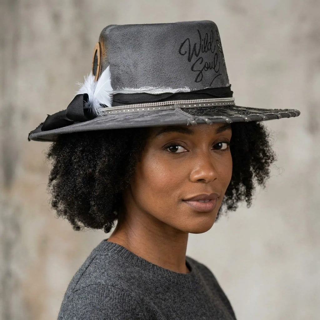 Gray Flocked Fedora Hat with Wild Soul Embroidery and Feather