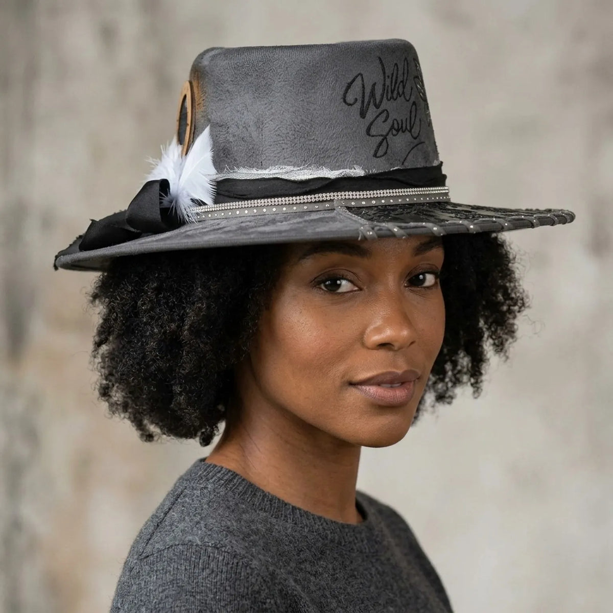 Gray Flocked Fedora Hat with Wild Soul Embroidery and Feather