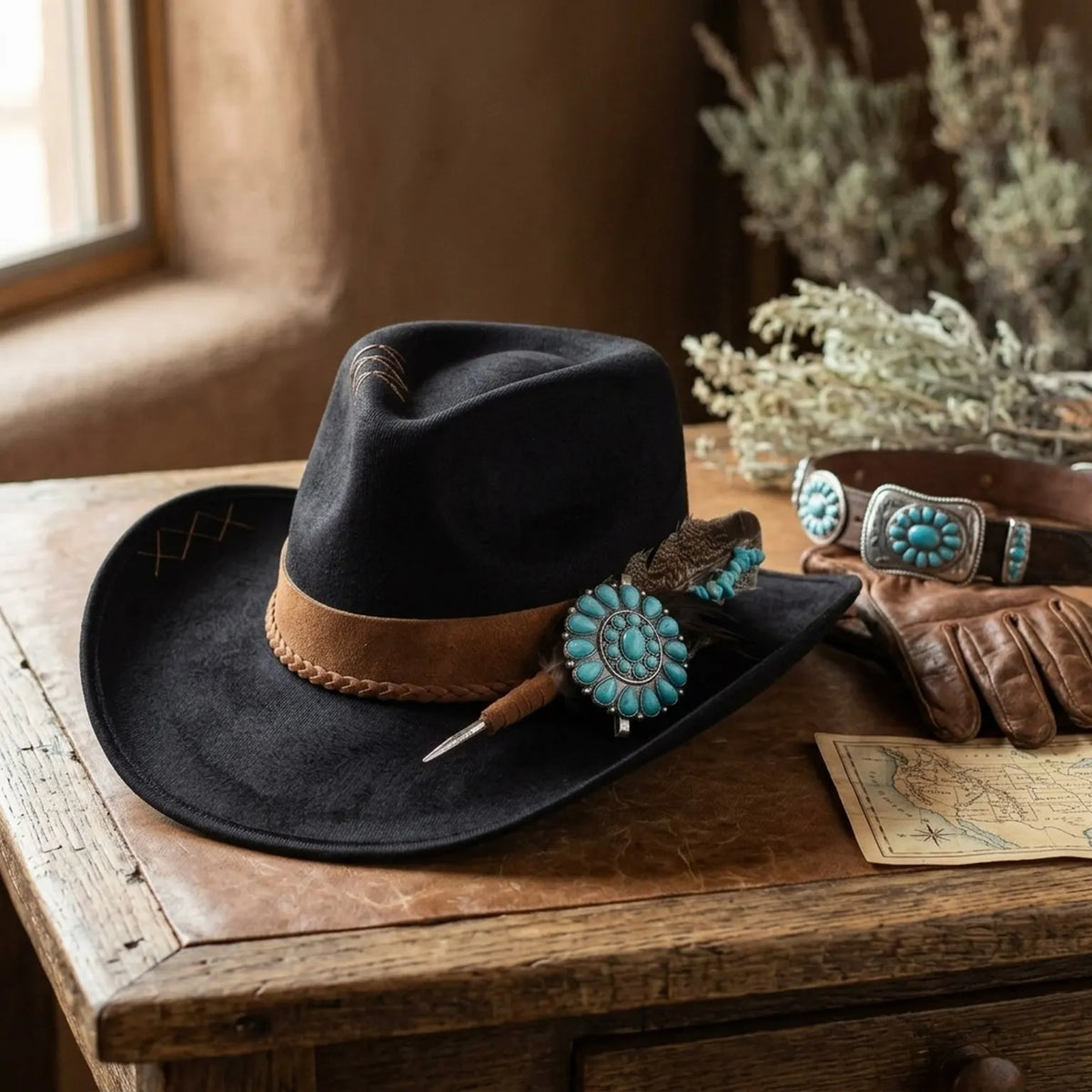 Black Felt Cowboy Hat Turquoise Concho Feather Western