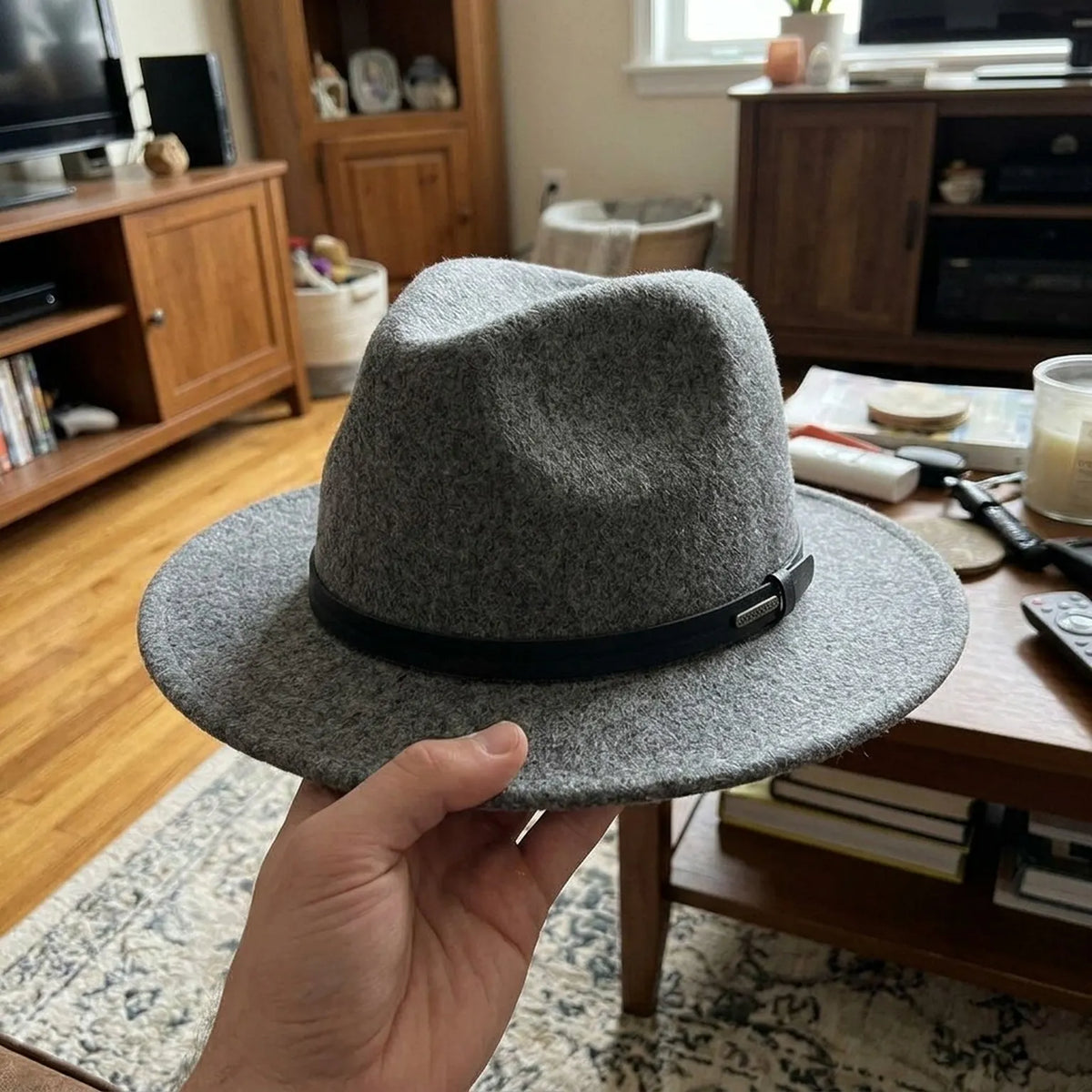 Light Gray Wool Felt Fedora with Black Band, Soft Teardrop Crown