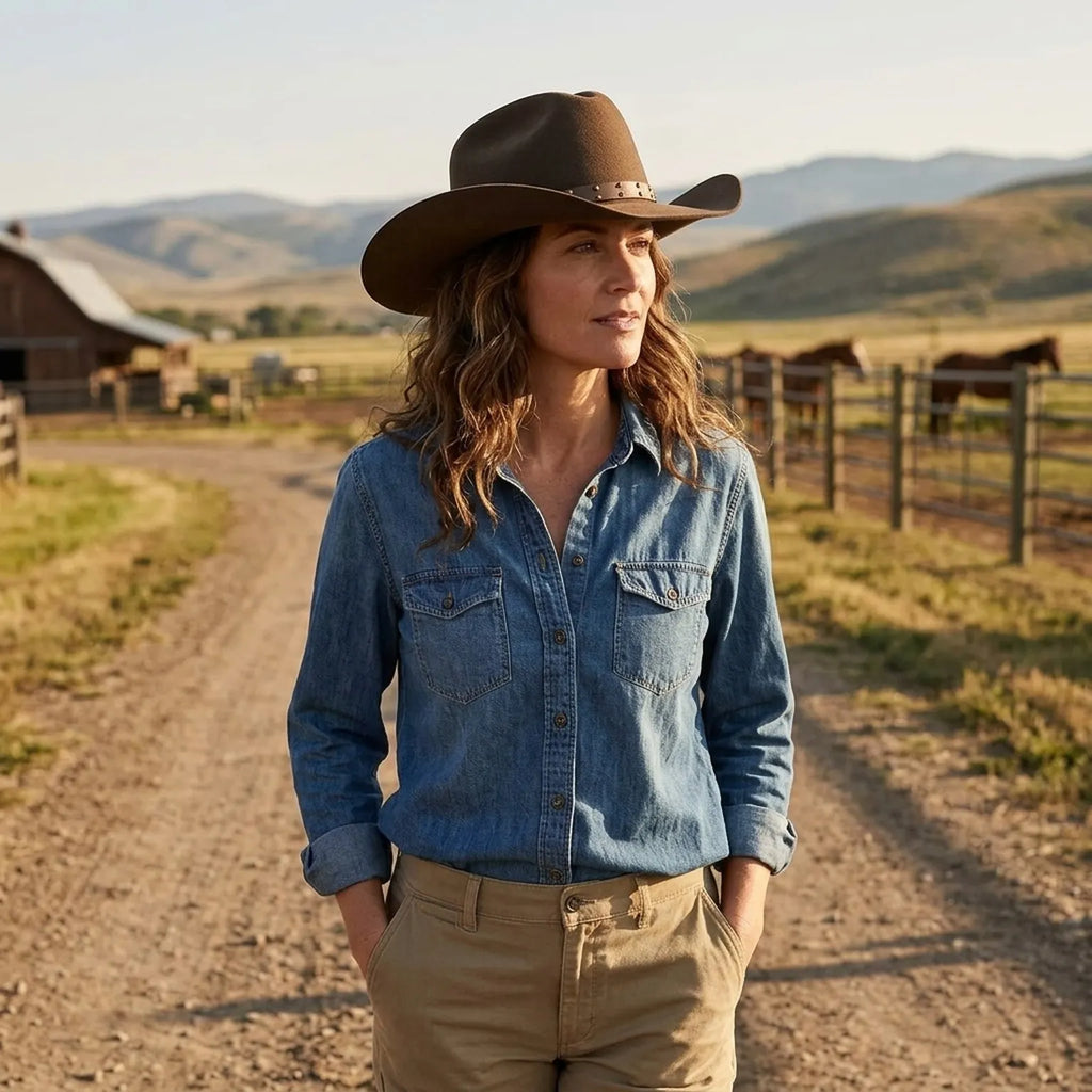 Unisex Brown Wool Felt Cowboy Hat with Studded Leather Band