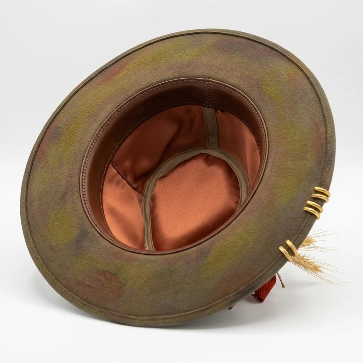 Olive Green Fedora with Wheat Stalk, Chain, and Red Ribbon Band