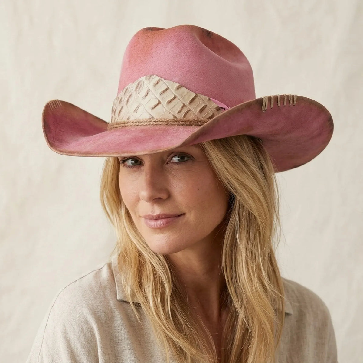 Pink Cowboy Hat Snakeskin Band Pink Bandana Rope Ties Western Style