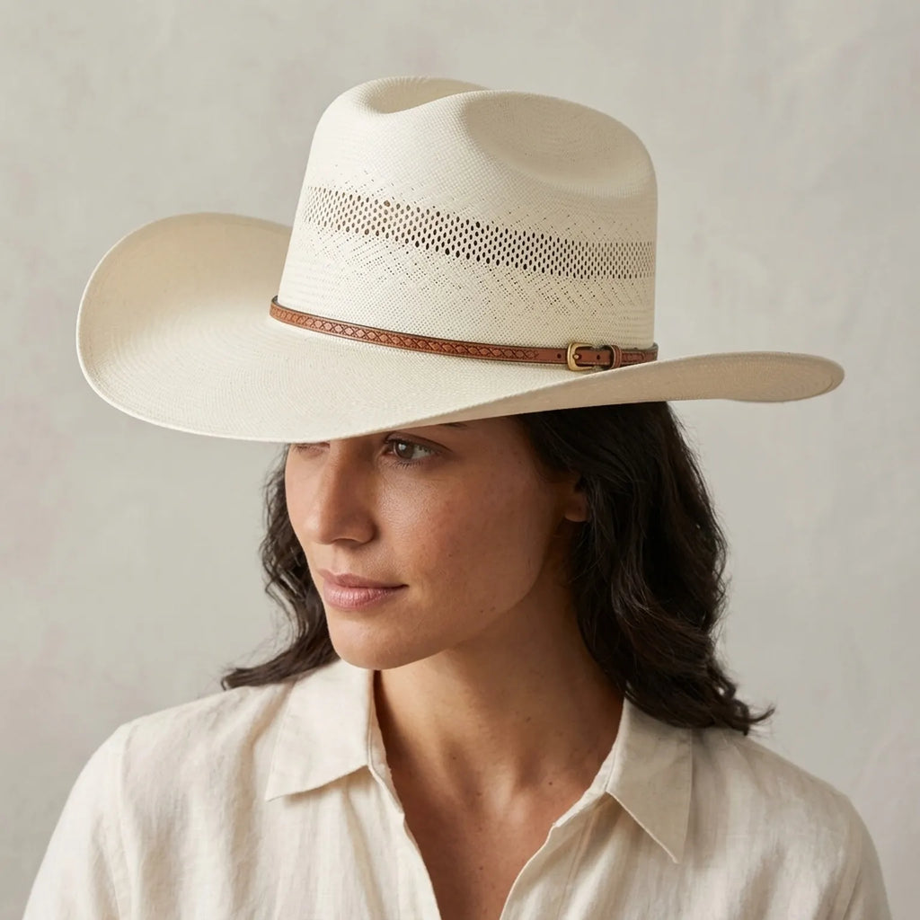 Cream Straw Western Fedora with Decorative Cross-Stitch Band