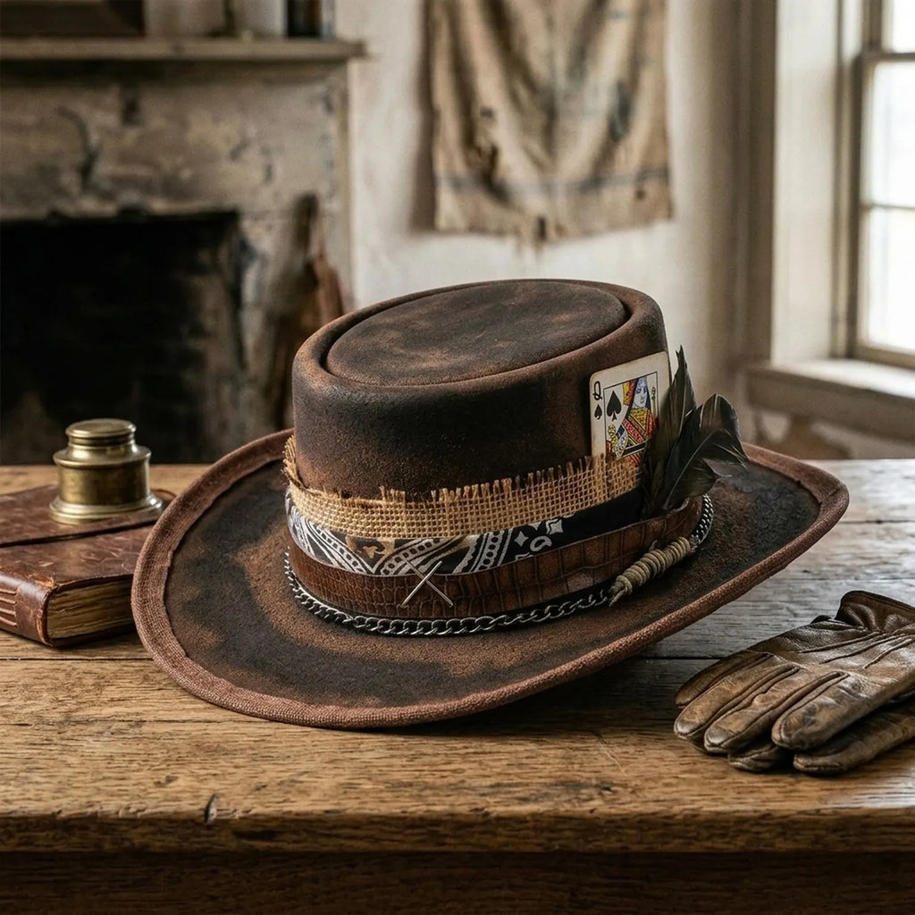 Vintage Brown Pork Pie Hat with Playing Cards and Feather Band