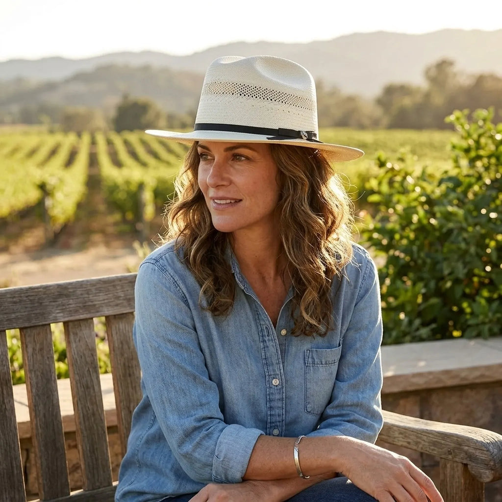 White Perforated Straw Fedora with Black Band and Bow Detail