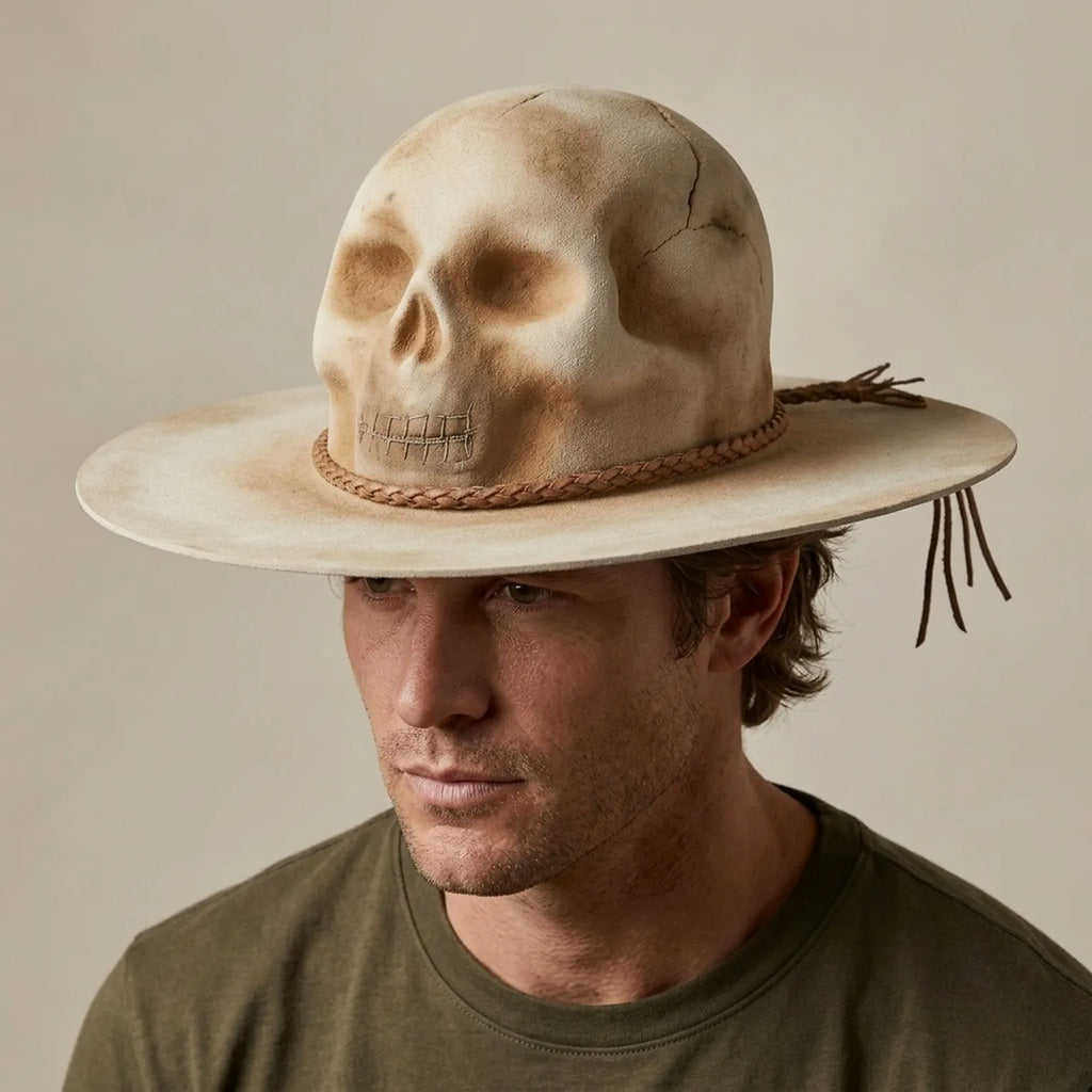 Beige Skull-Crown Fedora with Braided Leather Band Detail