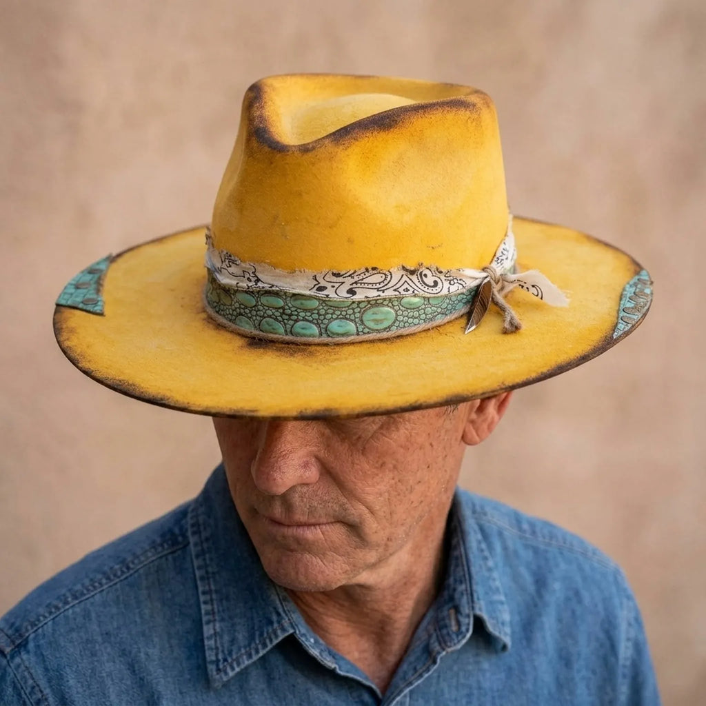 Mustard Yellow Wide Brim Hat with Crocodile Band Detail