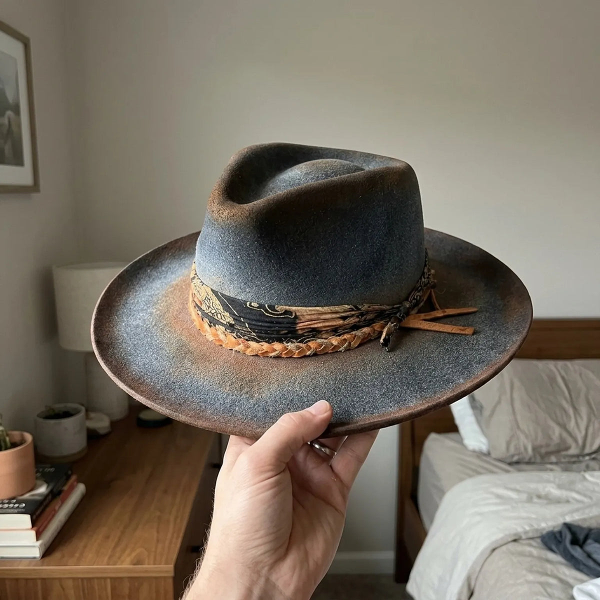 Distressed Gray Felt Fedora Paisley Bandana Orange Braided Cord