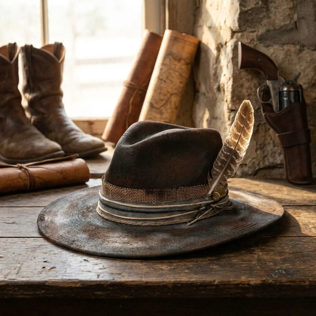Weathered Gray Fedora with Feather and Denim Burlap Band