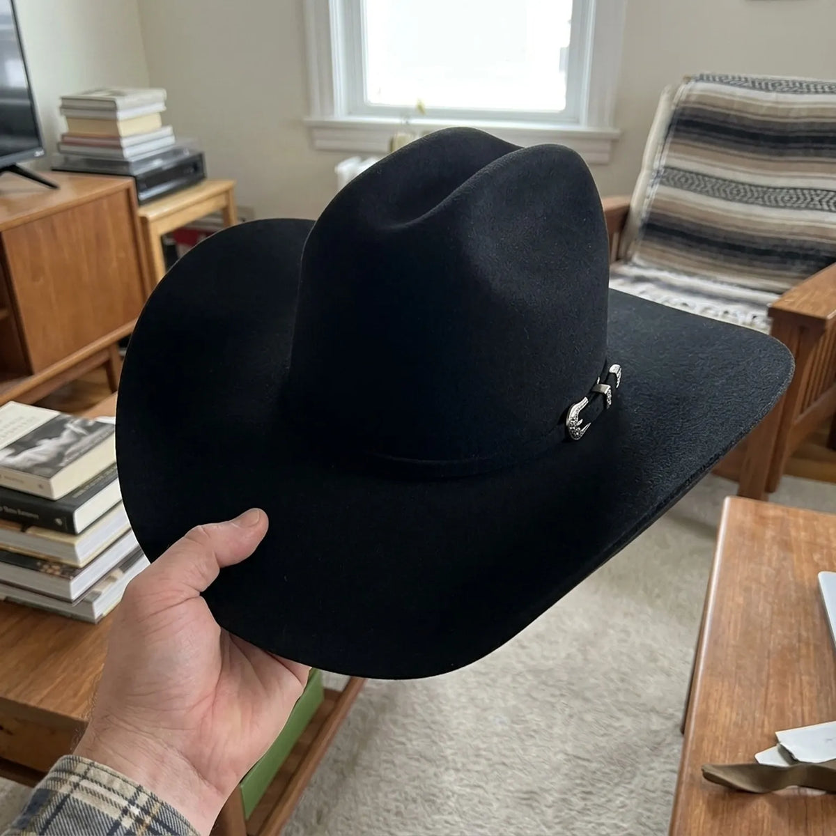 Unisex Black Wool Felt Cowboy Hat with Silver Concho Detail