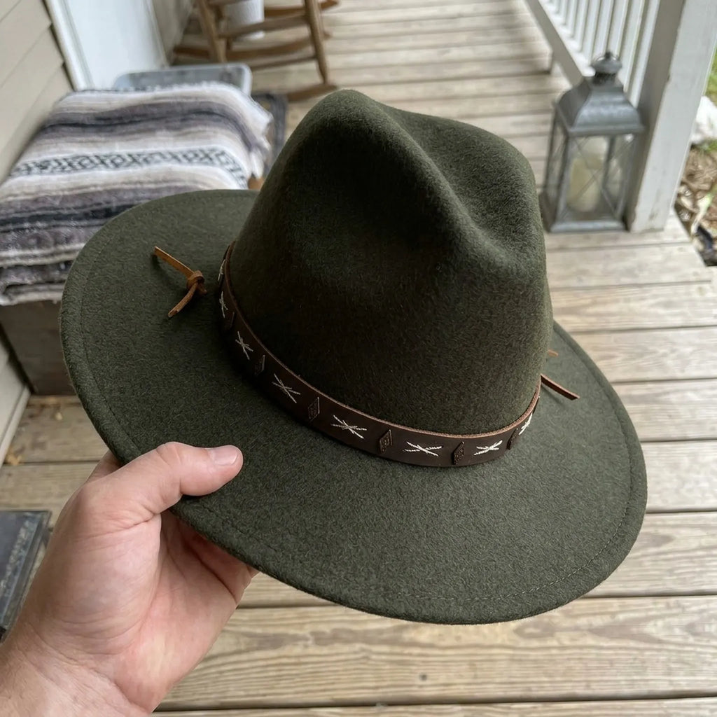 Dark Olive Boho Felt Hat with Cross-Stitched Leather Band